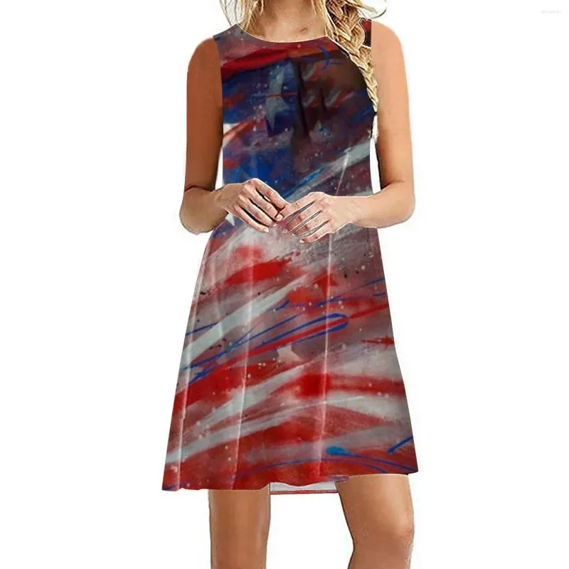 Lässige Kleider Frauen Independence Day Print ärmellose Maxi Kleid Lange für Frauen Frauen Tunika Sommer Beach