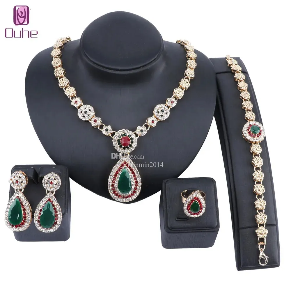 DONNE DONNE MADERE BRIDAL Crystal Gold Colore Green Zircone Party Party Collana Bracciale Earing Anello Regali Anniversario Set di gioielli