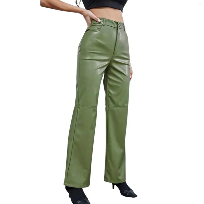 Pantalon féminin poches solides vintage leggings mince jambe en cuir haute couleur ajustement pantalon fausse taille bordereuse