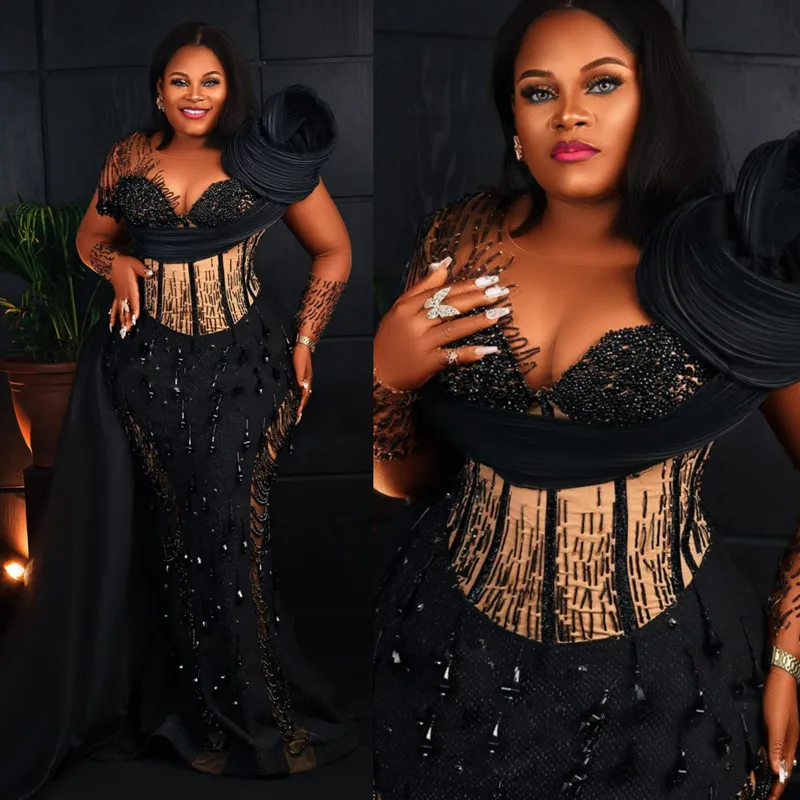 Luxurious Plus Size Aso Ebi Prom Dresses Long Sleeves Beading Evening Formal Dress For Special Occasions African Arabic Black Women Birthday Day Party Gowns AM251