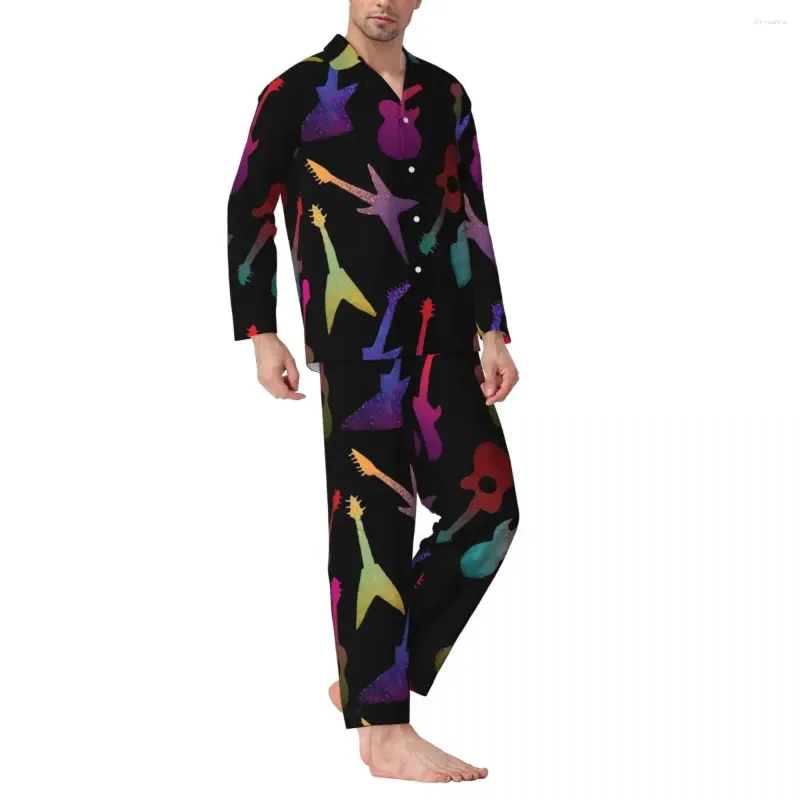 Men's Sleepwear Pajamas Men Music Notes Bedroom Nightwear Guitars Print Two Piece Vintage Pajama Set Long-Sleeve Lovely Oversize Home Suit