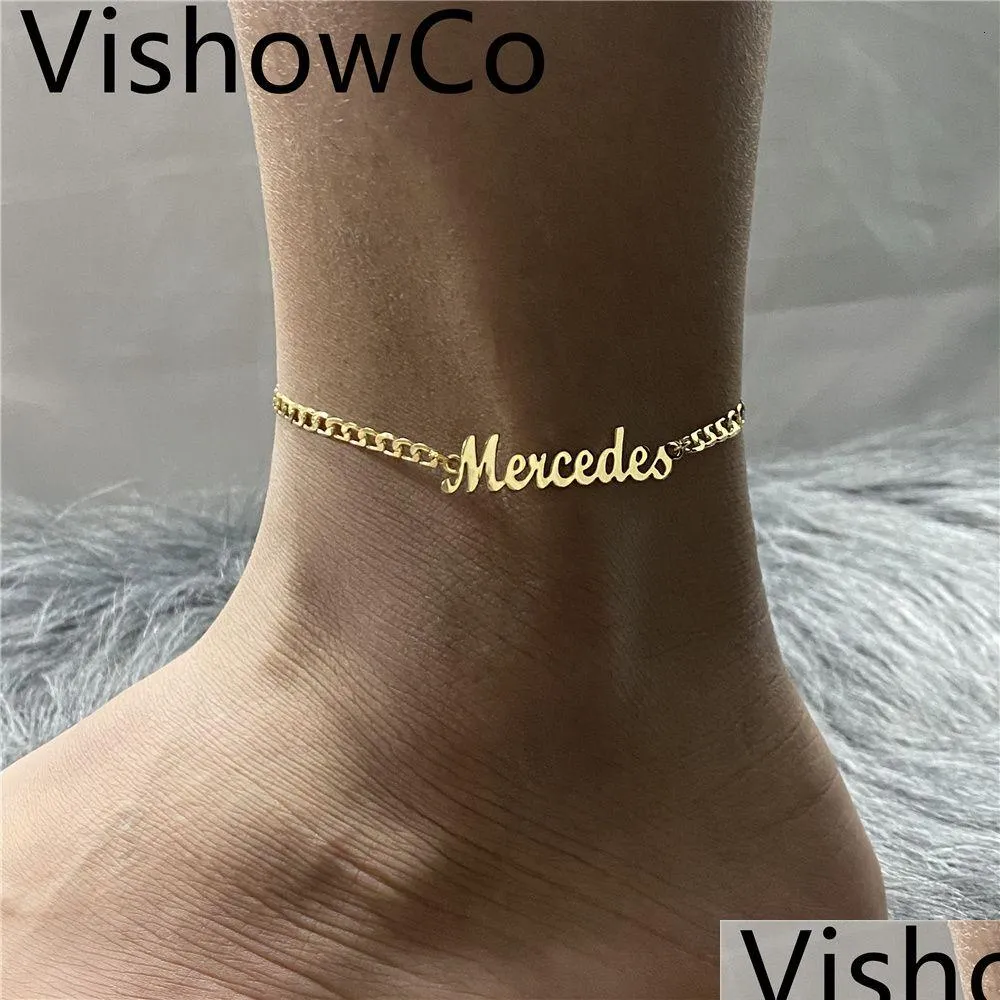 Anklets Aangepaste naam ANKLET VOOR DRAAG Personaliseerde goudkleur Roestvrij staal sieraden aangepaste naamplaatjesarmband met drop levering DHKAF