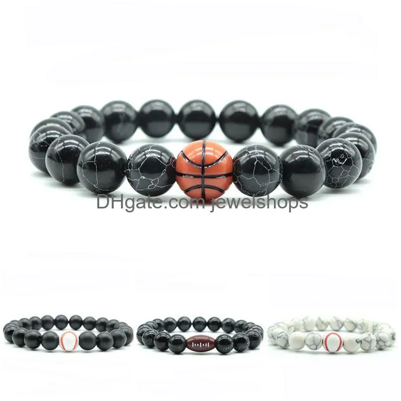 Pulsera de 10 mm de 10 mm Pulseras para hombres Béisbol Baseball Basketball Rugby Turquoise Beads Round Beads Regalos de Sports Fashion Na Dhmit