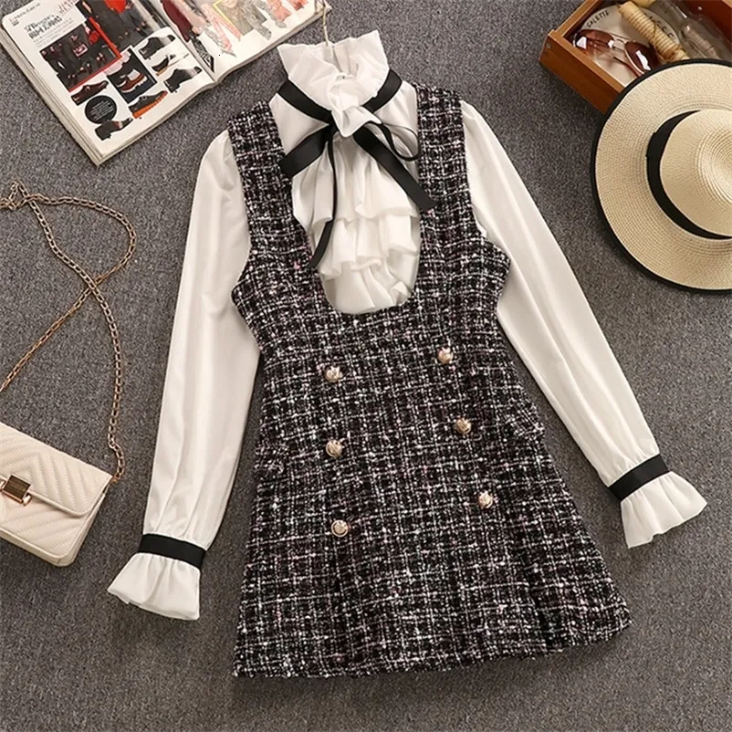 Autumn Winter 2 Piece Set Overalls Dres Elegant Ruffles Chiffon Bow Shirt Top Double Breasted Plaid Tweed Vest 231221