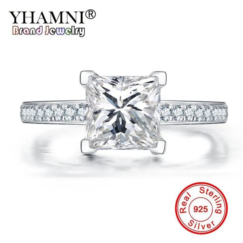 Yhamni Luxury Princess Solid 925 Sterling Silver Rings Bröllopsengagemang Acessory Cubic Zirconia Diamond Jewelry Ring for Women2717