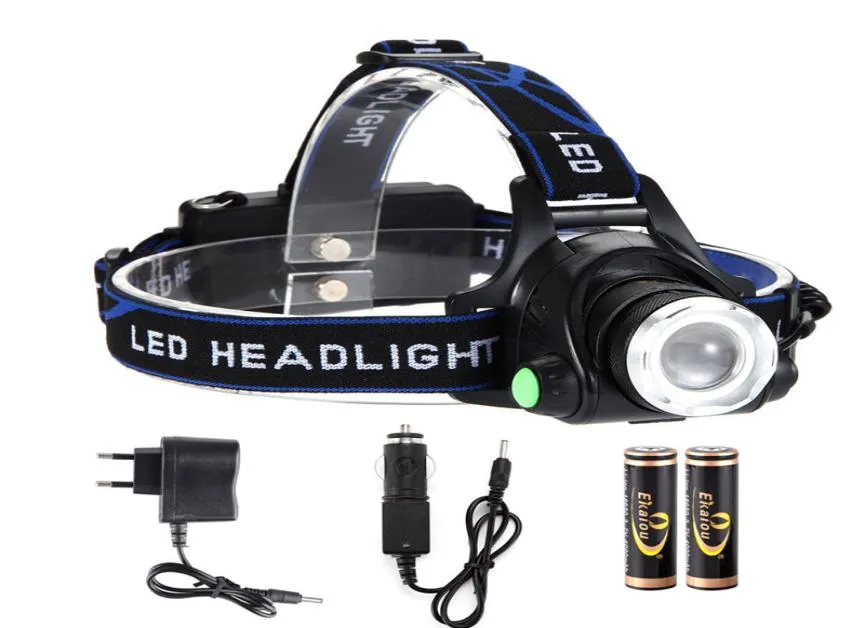 T6 Zoom LED Lampes frontales LAMBRE LEAU ZOOM-ZOOTABLE Ajuster la lampe de poche focus pour le vélo de randonnée de camping avec 2x 18650 Chargeur de batterie Box6503512