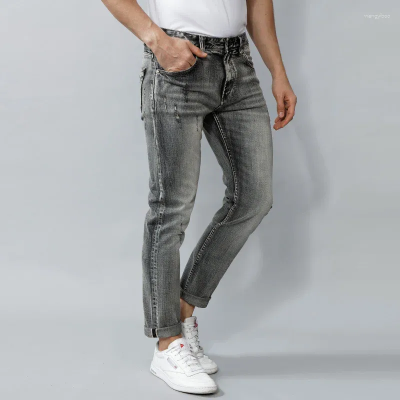 Men's Jeans Ly Fashion Vintage High Quality Retro Gray Distressed Ripped Men Straight Slim Selvedge Redline Denim Pants