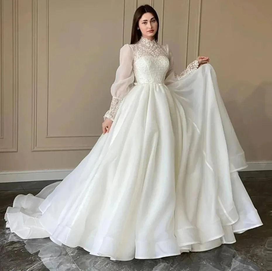 Magnifique robe de mariée en ligne Femme 2024 High Neck Long Puff Man Guff Organza Bridal Bride Bride Vestido de Novia Robe de Mariage