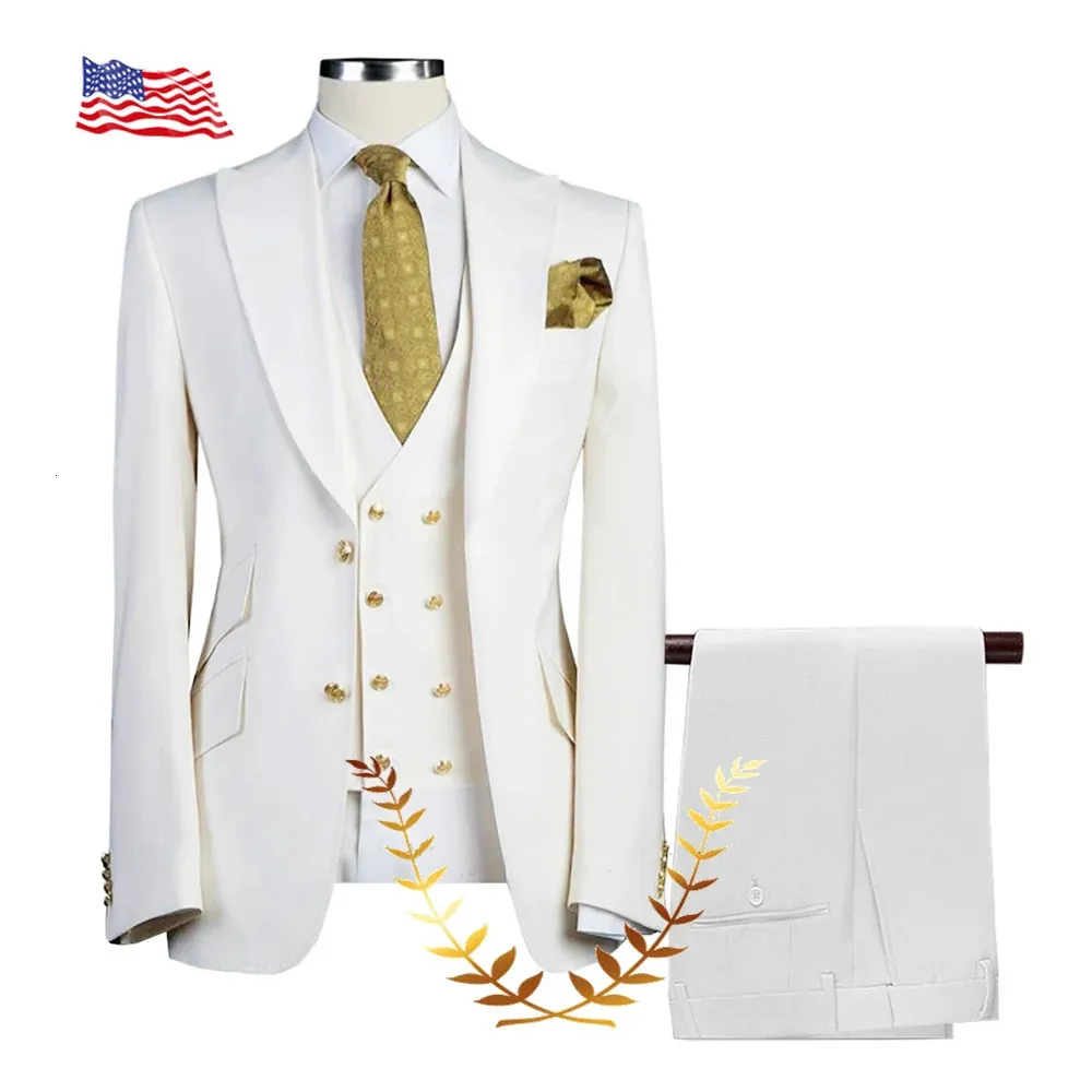 Ivory Suit for Men Wedding Tuxedo Formal Jacket Pants Vest 3piece Set Lapel Outfit Slim Fit Blazer Handsome Mens 231221
