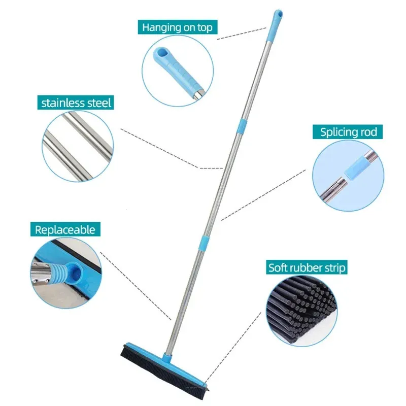 Balai En Caoutchouc à Manche Télescopique 120 Cm - Idéal Pour Poils D'animaux, Tapis, Sols Carrelés - Brosse Antiraysure - 8