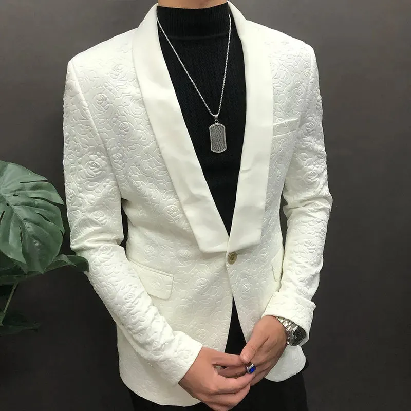 Luxury White Rose Jacquard Blazer Slim Masculino Business Maridal Casual Wedding Cost For Men Tuxedo Smoking Homme Mariage Costume 231221