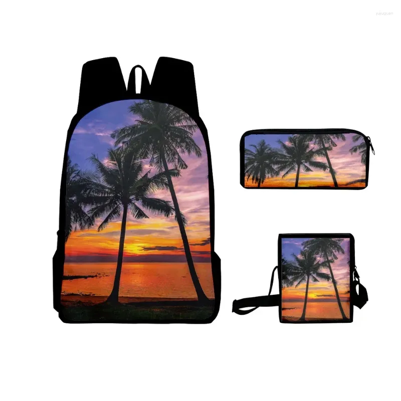 Backpack Coconut Tree 3D Impressão 3pcs/set pupil School School School Laptop Daypack Inclined Bag Bag Stoces