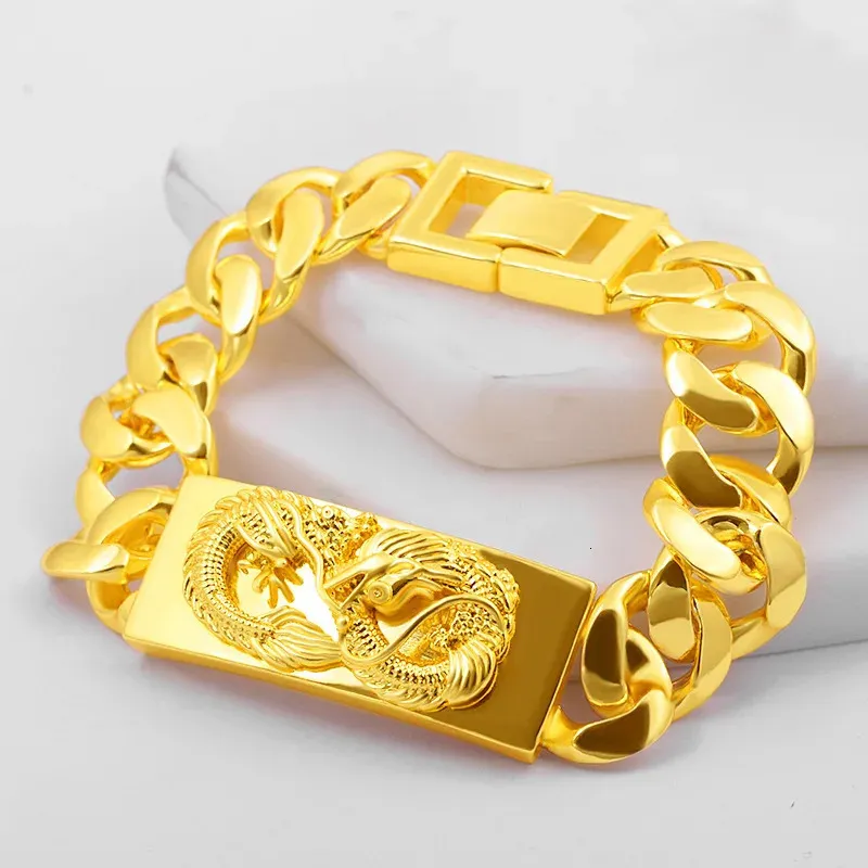 Bracelets de charme luxuoso puro 999 cor de cor de cor de ouro dragão jóias para homens mano nunca desaparecer jóias de ouro Jóias de Natal Casamento de aniversário de Natal 231222