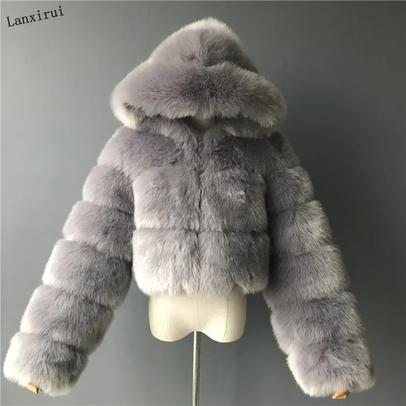 High Quality Furry Cropped Faux Fur Coats and Jackets Women Fluffy Top Coat with Hooded Winter Fur Jacket