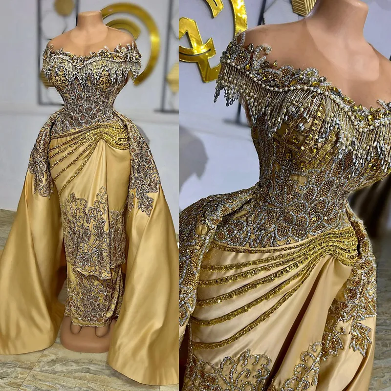 Lussuosi abiti da ballo Aso Ebi in oro africano Arabo collo trasparente con perline cristalli abito da sera per occasioni speciali vestito da donna nero con gonna staccabile NL093