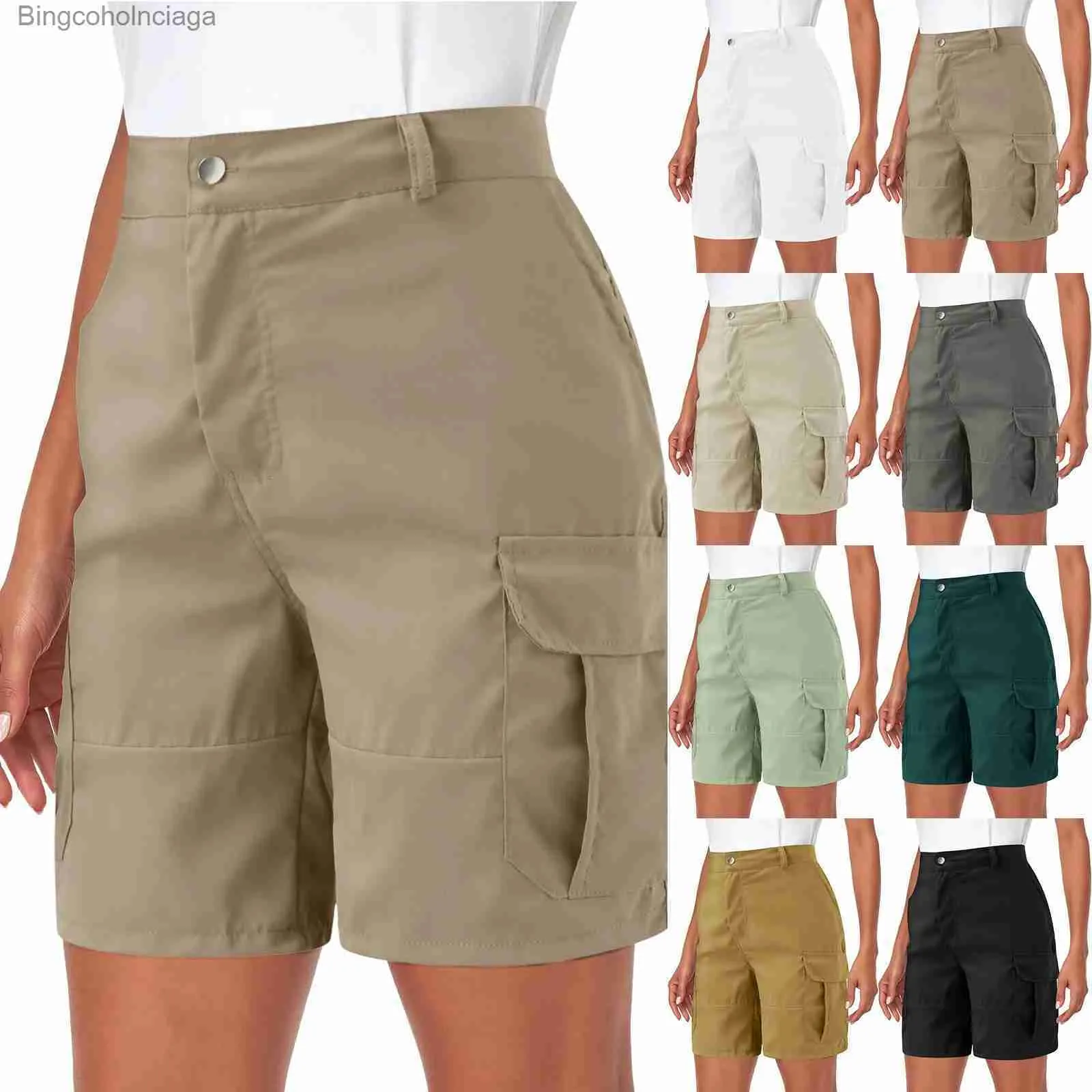 Shorts femininos shorts shorts de verão calças shorts botão de calça curta para caminhada de bolso de bolso de verão praia de cor sólida slim respirável berdal231222