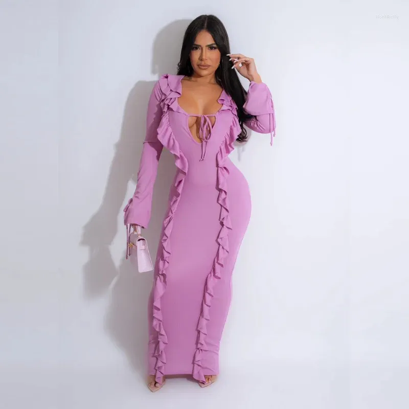 Robes décontractées volants solides bodycon maxi robe fête femme sexy lacet up v cou mandelle complète slim longues de mode de mode de mode