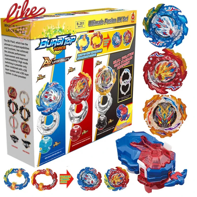 Laike bu Bey B-203 Ultimate Fusion DX Set 3PCS Spinning Top mit benutzerdefinierten Launcher-Box-Set-Spielzeug für Kinder 231221