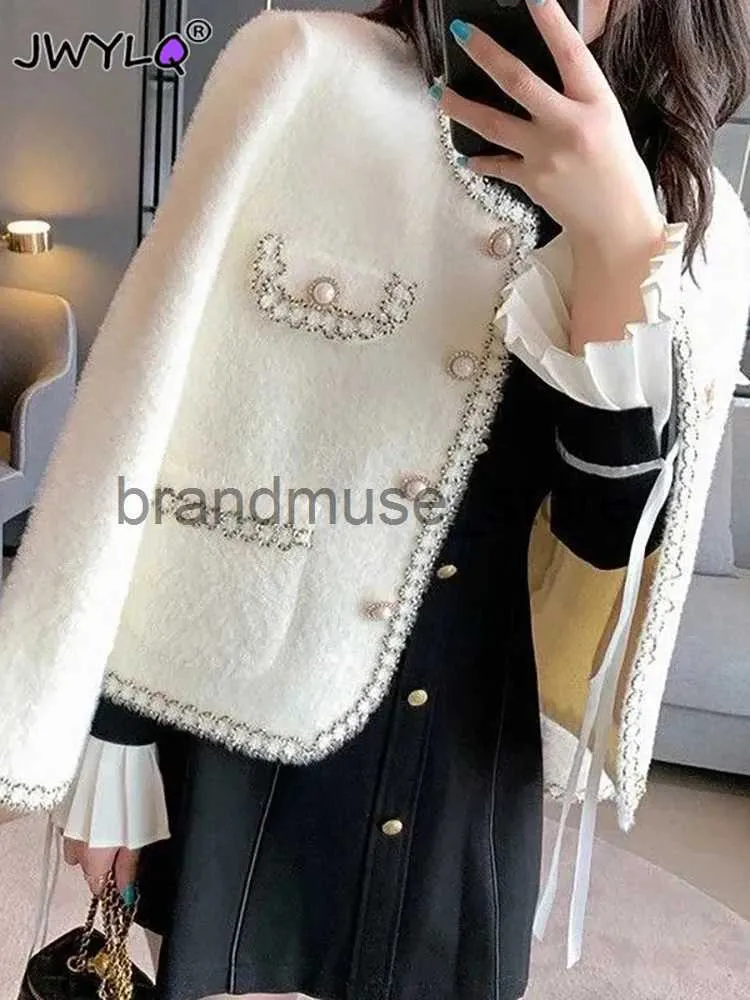 Women's Jackets 2023 Autumn Winter Imitation Mink Fleece Knitted Coats Korean Fashion O-neck Single-breasted Cardigan Tops New Casual Short Coat J231222