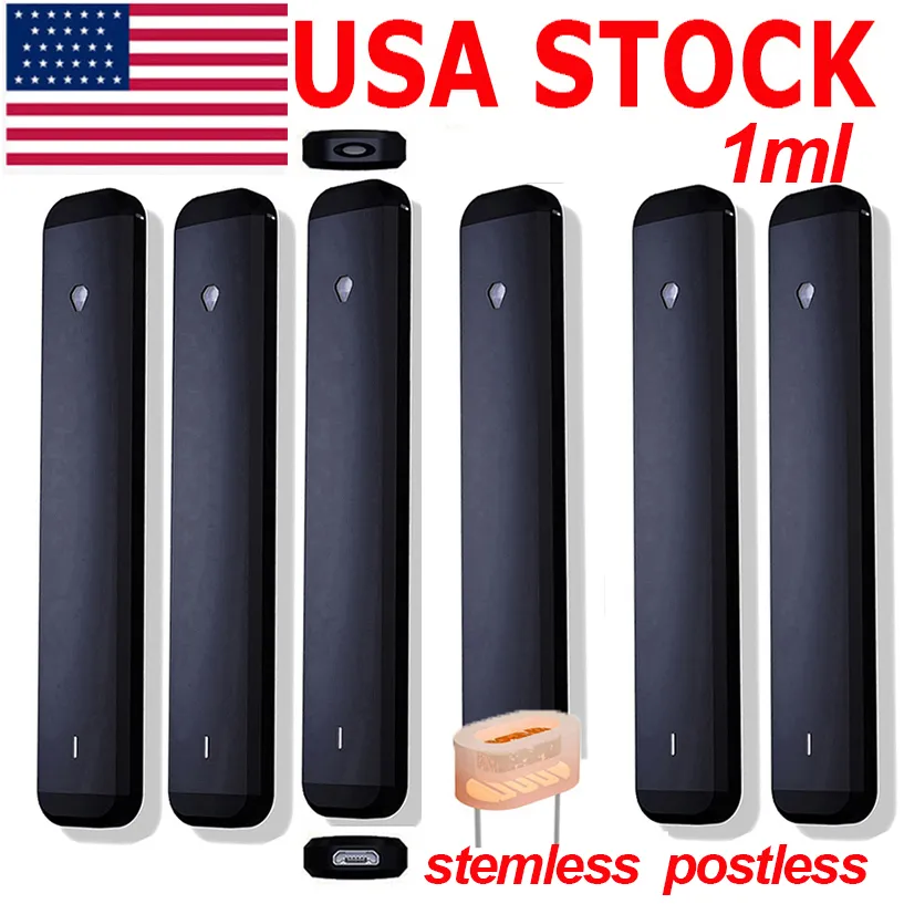 USA STOCK 1.0ml Vape Pen Stemless Postless Chariots à huile épais Pods Vides Vaporisateurs jetables E-cigarette Bobine en céramique Micro USB rechargeable 280mah Batterie D9 Stylos OEM