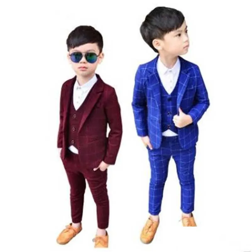 Kleidungsstücke formelle 3PCS Kids Plaid Hochzeit Blazer Anzug Brand Flower Boys Party Tuxedos School Spring 2-12y 201127 Drop Lieferung BA DHXL