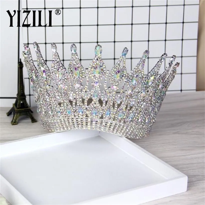 Yizili Luxury Big European Bride Wedding Crown Gorgeous Crystal Large Round Queen Crown Wedding Hair Accessories C021 210203216K