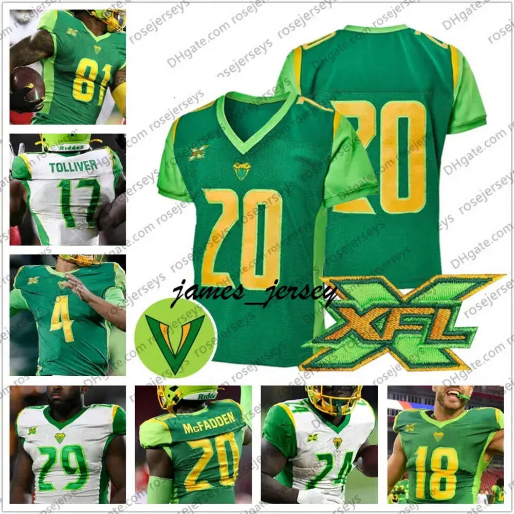 Jam Custom Tampa Bay Vipers 81 Dan Williams 11 Aaron Murray 18 Reece Horn Titus O'Neil Green White 2020 XFL Maglie da calcio S-4xl