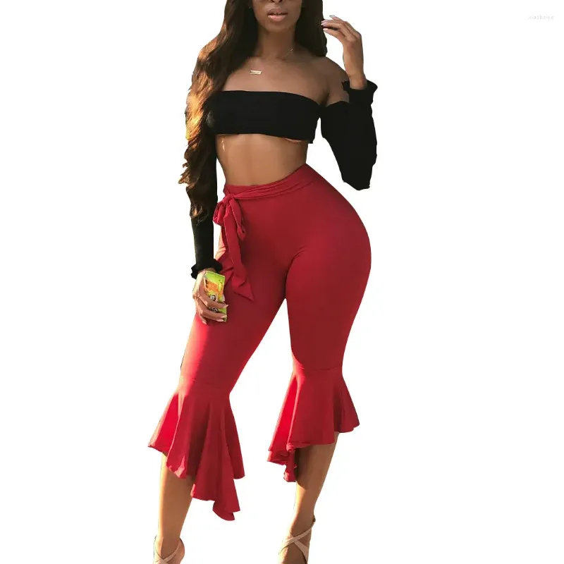 Women's Two Piece Pants Summer Women Black Crop Top2023 Sexy Chest Wrapped Red Trousers Suit Flat Tube Top Long Sleeved Ruffled Leg