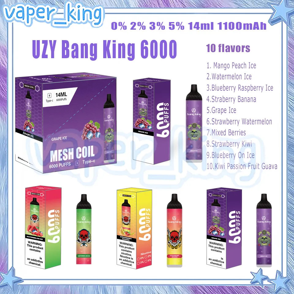 Varejo UZY Bang King 6000 Puff Bobina de malha de cigarro eletrônico descartável 14ml Pod 1100 mAh Bateria Cigs eletrônicos Puffs 6K 0% 2% 3% 5% 10 sabores Vape Pen