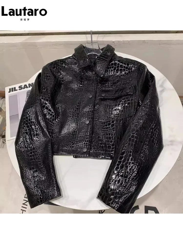 Lautaro Spring Autumn Cool Short Black Shiny Reflective Print Patent Pu Leather Jacket Women Long Sleeve Fashion 231221