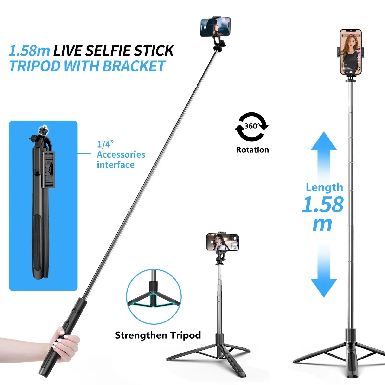 Cool Dier 1580mm Wireless Selfie Stick Tripoble Monopod med Fill Light för GoPro Action Cameras Smartphones Selfie 231221