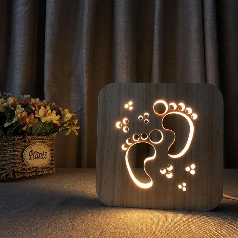 クリエイティブウッドフットプリントナイトライトLEDテーブルナイトランプ木製デスクランプ雰囲気の雰囲気ノベルティ照明297H