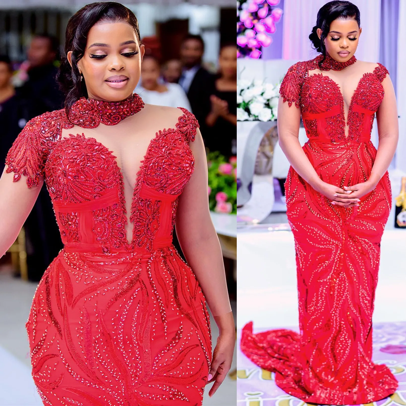 2024 ASO EBI RED SERMAIDE Prom Dress Crystals Crystals en dentelle Fête formelle Deuxième réception Robes de fiançailles d'anniversaire Robe de Soiree ZJ379