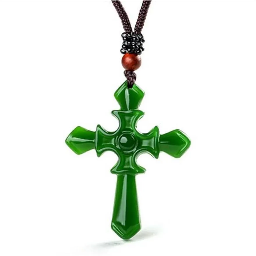 Certifierad 100% naturlig Hetian Afghan Jade Carved Cross Pendant Necklace Charm smycken smycken Amulet Lucky229e