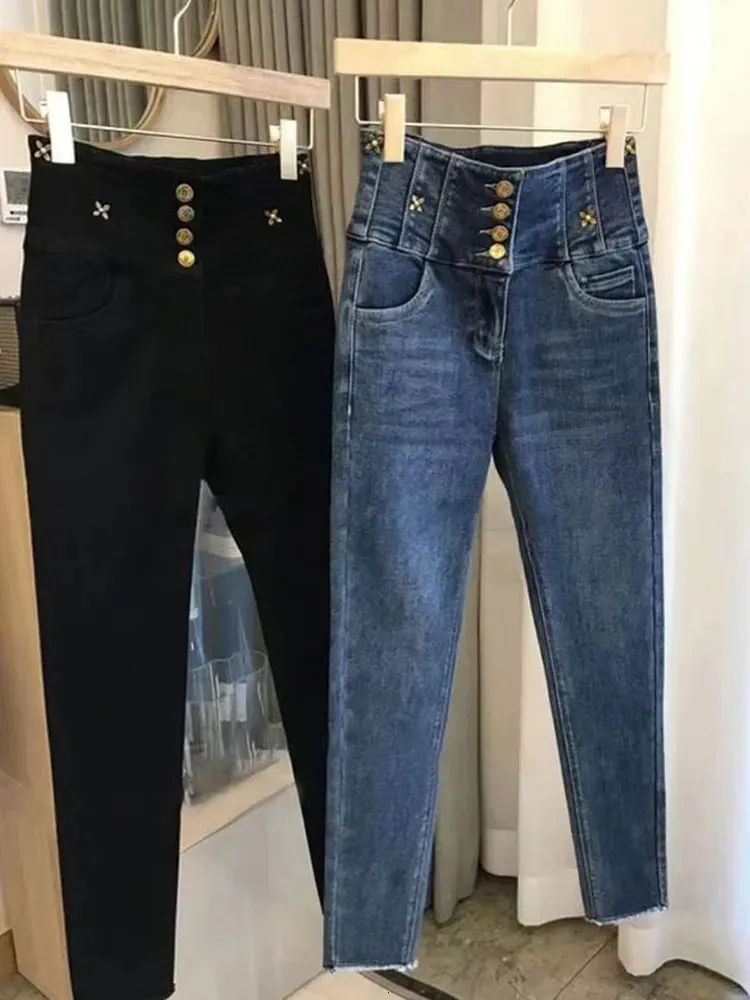 Oversize 5xl High Waist Singlebreasted Jeans Woman Korean Chic Flowers Slim Stretch Pencil Denim Pants Casual Streetwear 231221