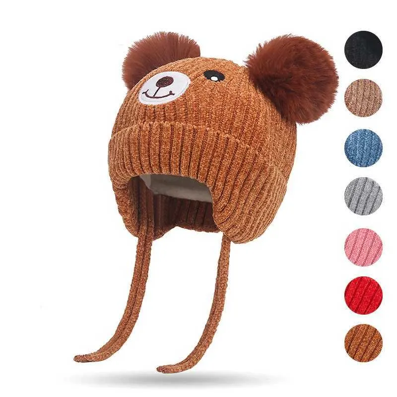 1-5 Years Bear Double Fur Ball Baby Knitted Hat Winter Warm Ear Protection Cap Children Windproof Wool Hats Free Shipping