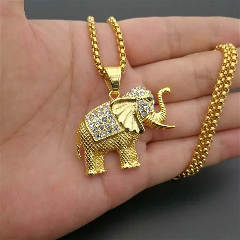 Iced Out Zircon Elephant Pendant Animal Necklace Jewelry Golden Color 14K Gold Bling CZ Mens Hip Hop Pendant For Women