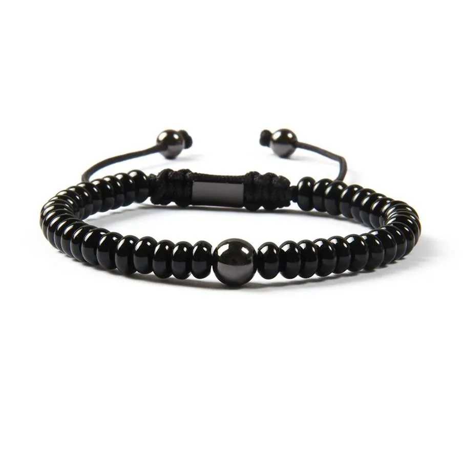 Bijoux noir entier Nouveau arrivée en pierre d'onyx noir plat naturel avec des perles en laiton 8 mm bracelet Macrame pour men304q