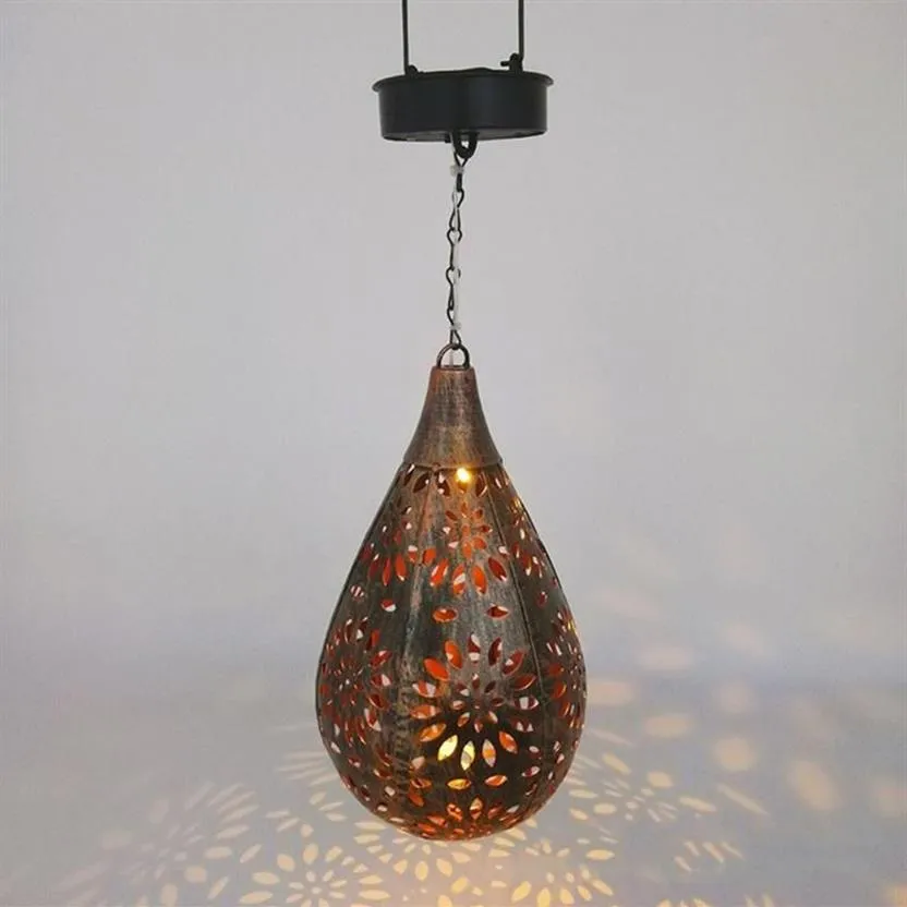 Night Lights Wrought Iron Solar Light Pendant Drop-shaped Garden Outdoor Decoration LED Flower Carving Lamp248i