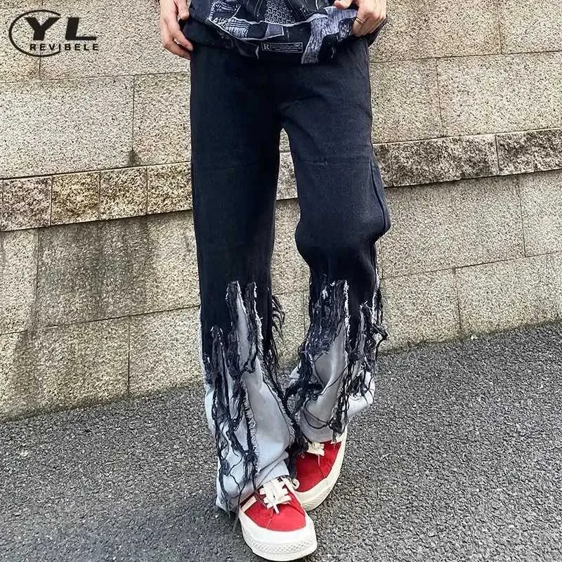 Herr jeans hip hop high street baggy jeans man kvinna harajuku lapptäcke tasslar casual byxor vår höst punk rak denim byxor nya j231222