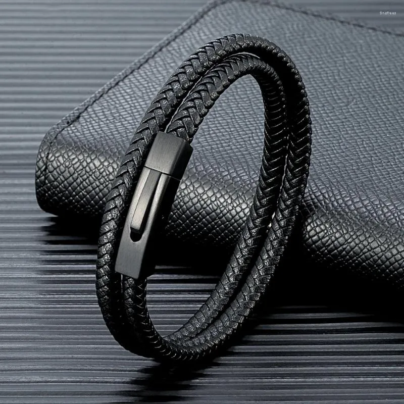 Bracelets de charme mkendn clássico estilo masculino pulseira de couro simples acessórios de botão de aço inoxidável preto fosco preto