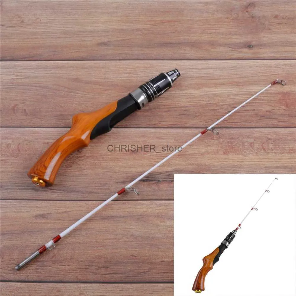 Boat Fishing Rods Outdoor Winter Ice Fishing Rod 57CM 2 Sections Wooden Handle Ice Fishing pole for Bass Trout Salmon ice jig bait fishing tackleL231223