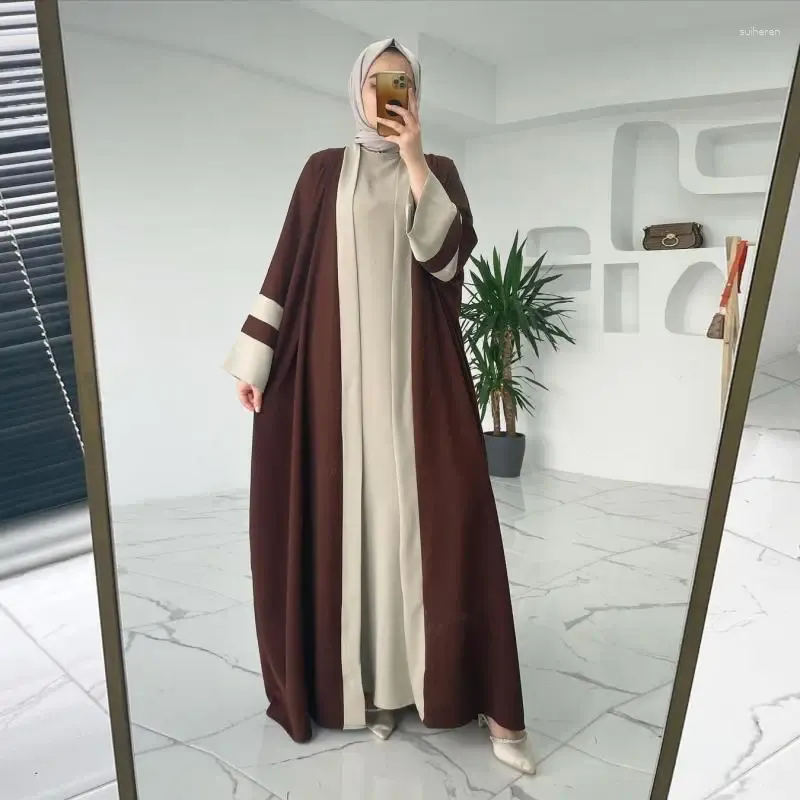 Ethnic Clothing Women Cardigan Arab Robe Dubai Islamic Abaya Muslim With Sleeveless Vest Dress Lady Loose Kaftan 2 Piece