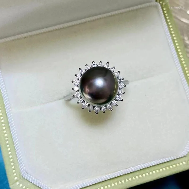 Cluster Rings MeiBaPJ 10mm Natural Semiround Pearl Black Sunflower Ring Real 925 Silver Empty Holder Fine Wedding Jewelry For Women