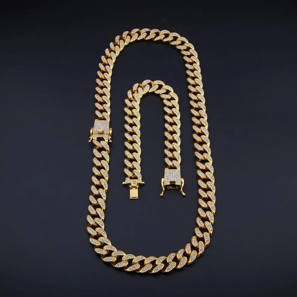 13 mm Miami Cuban Link Genera Gold Collana in argento Bracciale set ghiacciato Rhinestone Bling Hip Hop for Men Jewelry263J