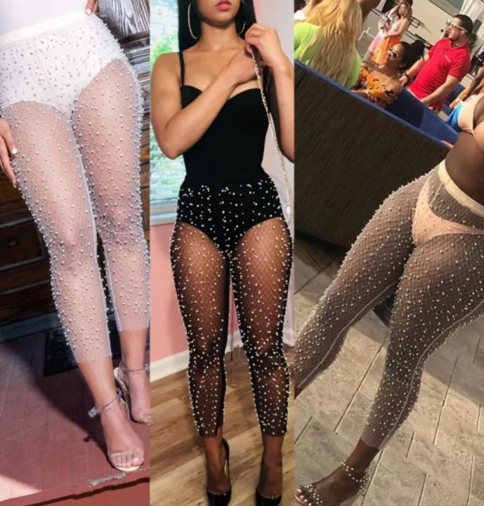 Women Mesh Beaded Pearl Sheer Transparent Leggings See Through Skinny  Pencil Pants Club Wear Capris Trouser Pantalon4758838 From 24,89 €