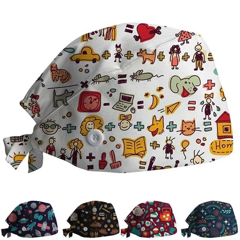 Cartoon Printing Cotton Christmas Nurse Cap Women Sweat-Absorbent Scrub Cap Dentist Hat Men Beauty Salon Care Caps Xmas Gifts