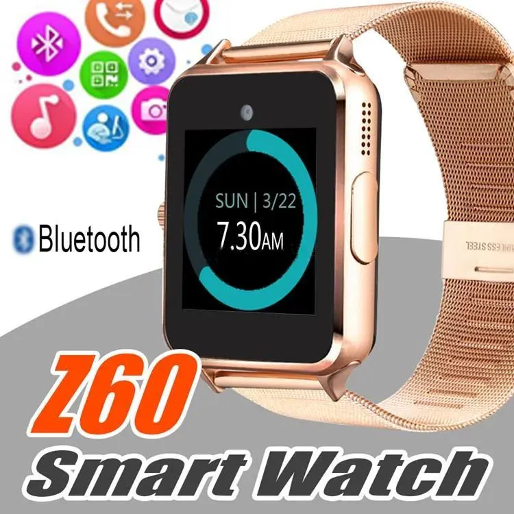 Armband Bluetooth Smart Watch Z60 Smartwatches Rostfritt smart armband med SIM -kortkamera för Android -mobiltelefoner med detaljhandelslådan