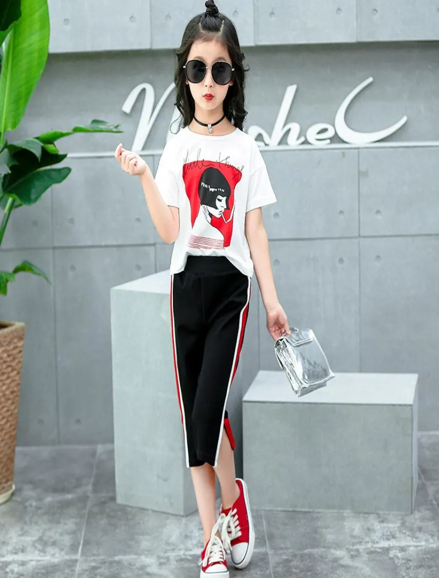 2018 New Girls Clothing sets adolescents Kids Vêtements Suit Enfants Enfants à manches courtes Pantalons Tshirt 414 Ages Y18928072848802