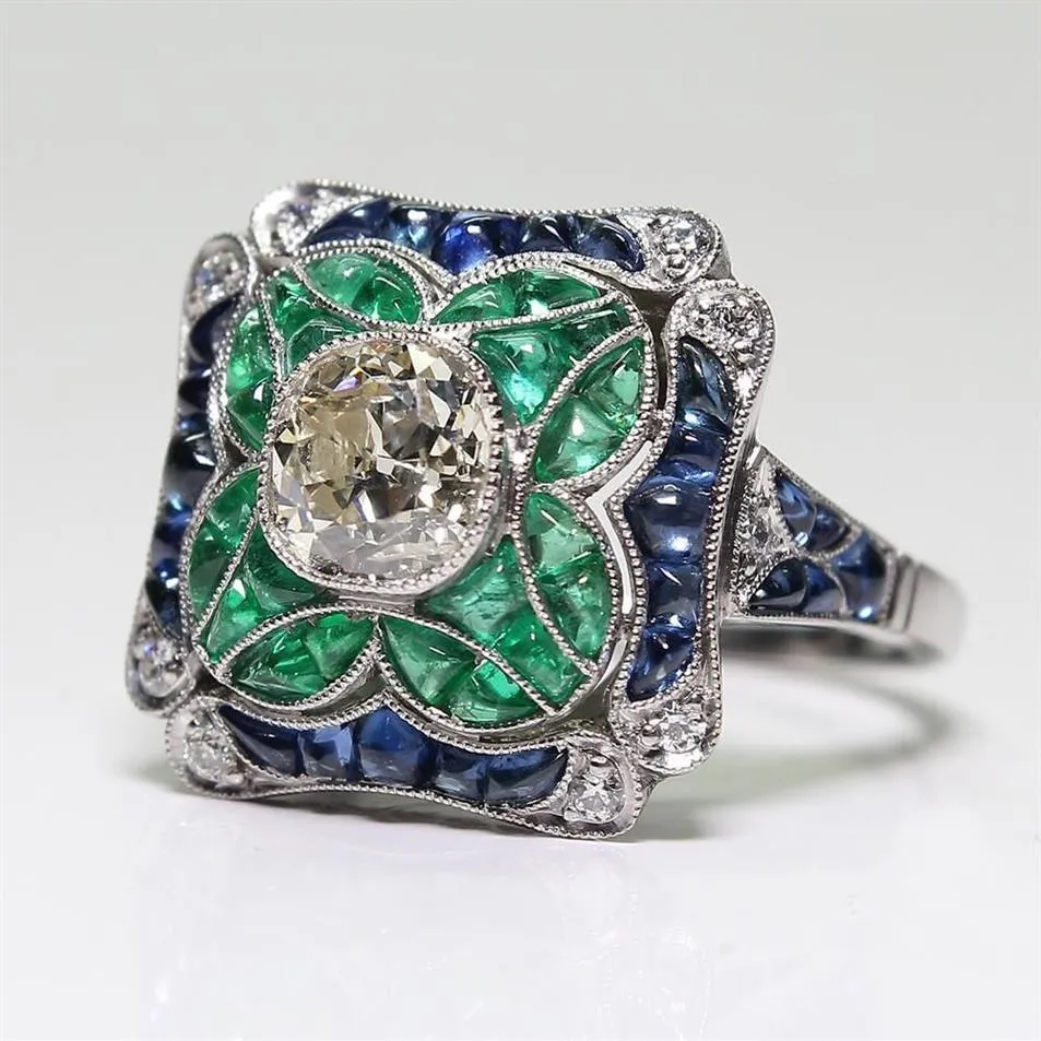 Elegante smeraldo zircone blu topaz anello argento placcato gioielli europei e americani a mano per la mamma regalo di compleanno256m